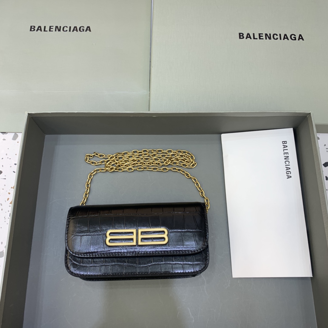 Balenciaga Gossip Wallet on chain Crocodile Embossed Calfskin Shouler Bag Black